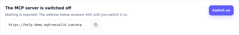 The MCP server is switched off, with the Switch on button