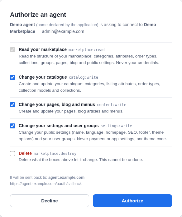 The Authorize an agent screen: read ticked and greyed out, three change permissions ticked, Delete unticked