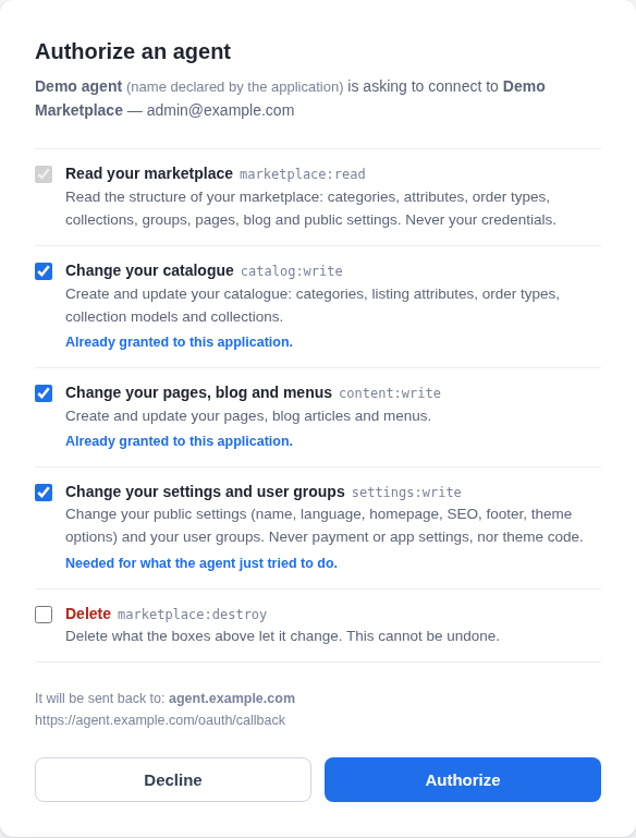 Catalogue and pages ticked “Already granted to this application.”, settings ticked “Needed for what the agent just tried to do.”, Delete unticked