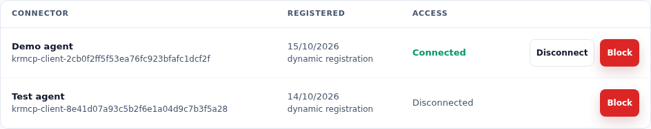A Connected agent with its Disconnect and Block buttons, and a Disconnected agent with only the Block button
