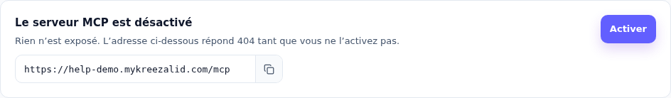 Le serveur MCP est désactivé, avec le bouton Activer