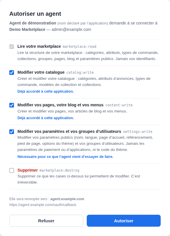 Catalogue et pages cochés « Déjà accordé à cette application », paramètres coché « Nécessaire pour ce que l’agent vient d’essayer de faire », Supprimer décoché