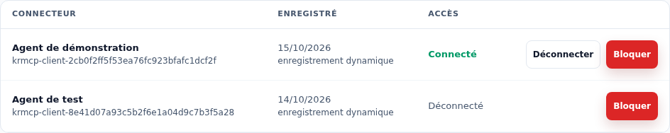 Un agent Connecté, avec les boutons Déconnecter et Bloquer, et un agent Déconnecté, avec le seul bouton Bloquer