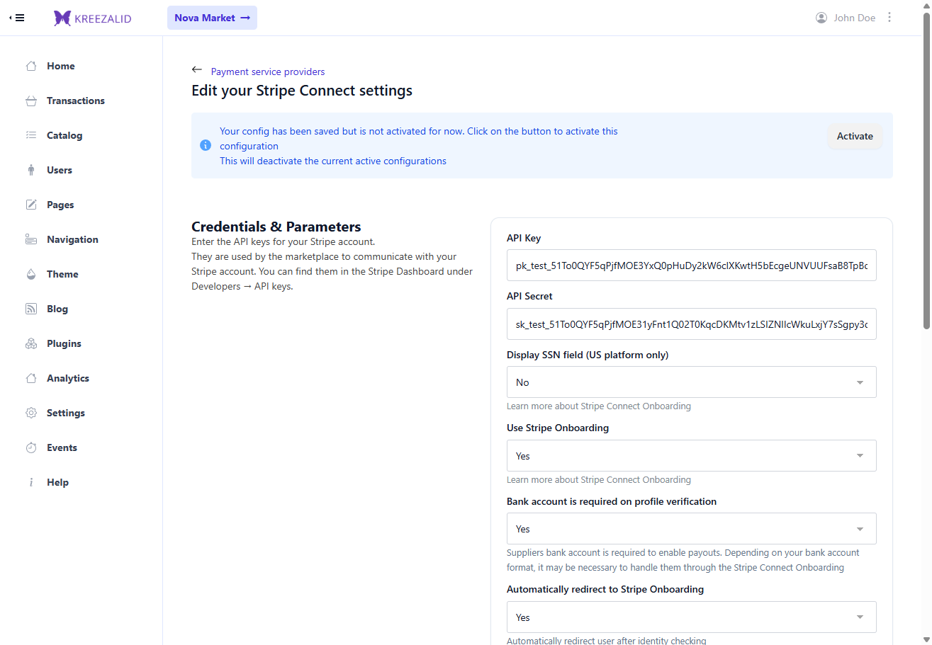 Kreezalid admin settings page for Stripe Connect Custom — showing the activate button