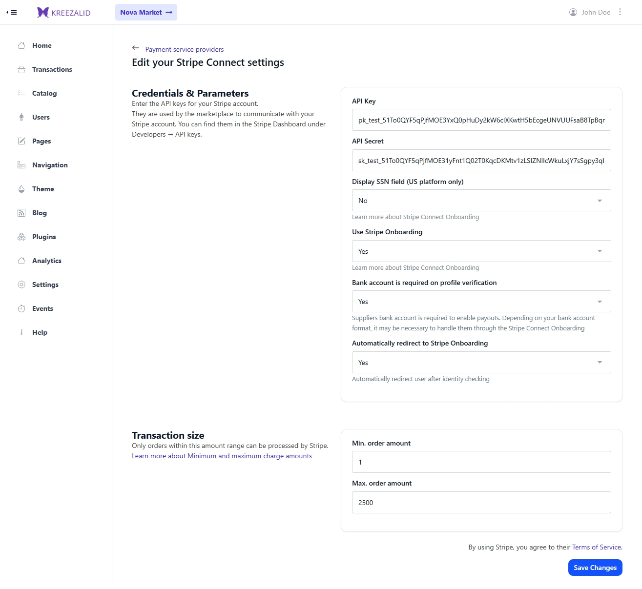 Kreezalid admin settings page for Stripe Connect Custom — showing the publishable key and secret key input fields with the Save button