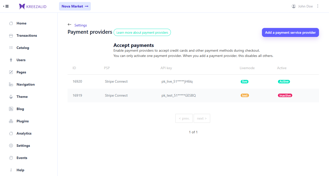 Payment providers page in Kreezalid — showing the newly added live Stripe Connect Custom entry and the deactivated sandbox entry