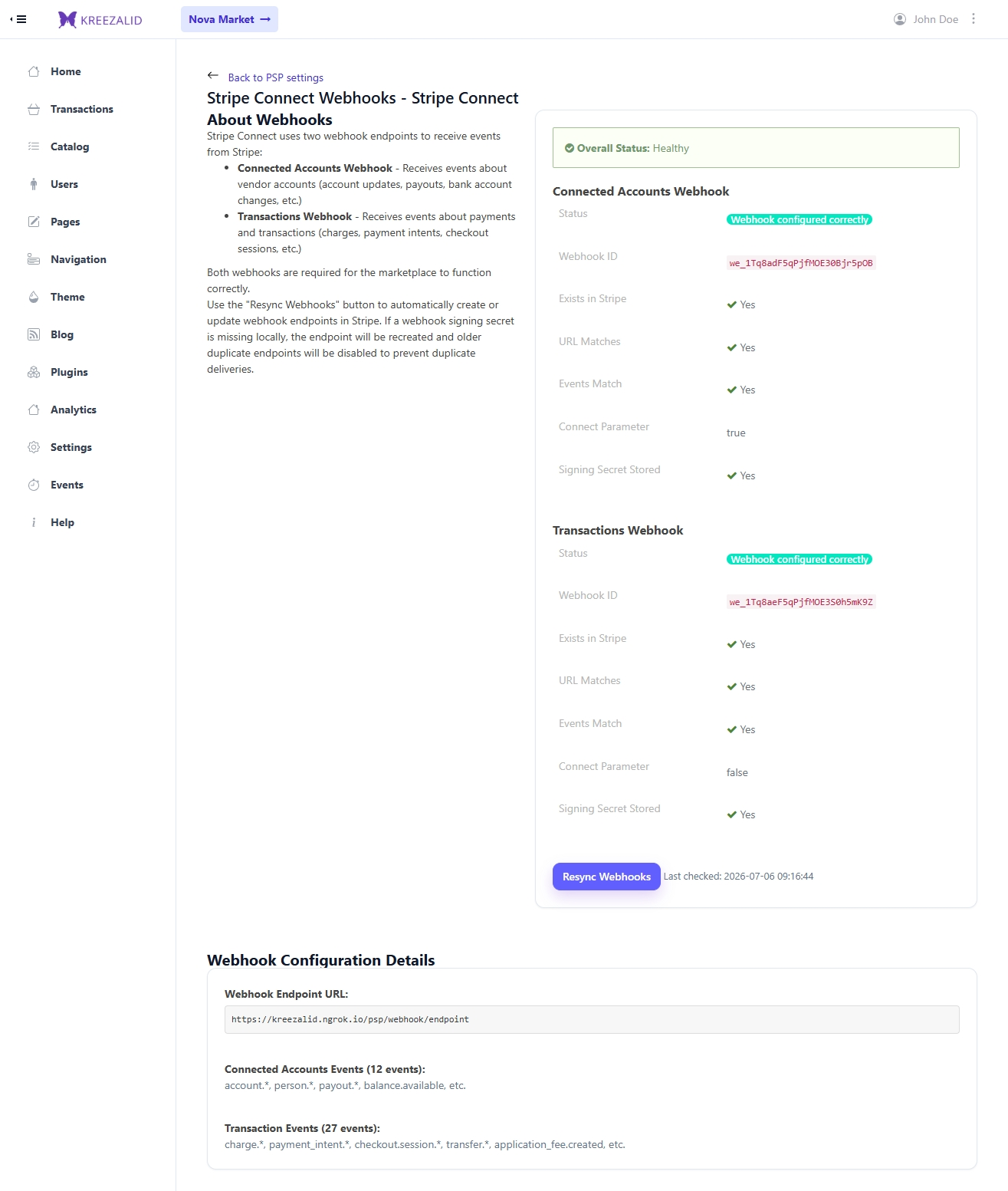 Manage Webhooks page — showing “Healthy” status indicator at the top, both webhook endpoint rows with their IDs, and the Resync Webhooks button