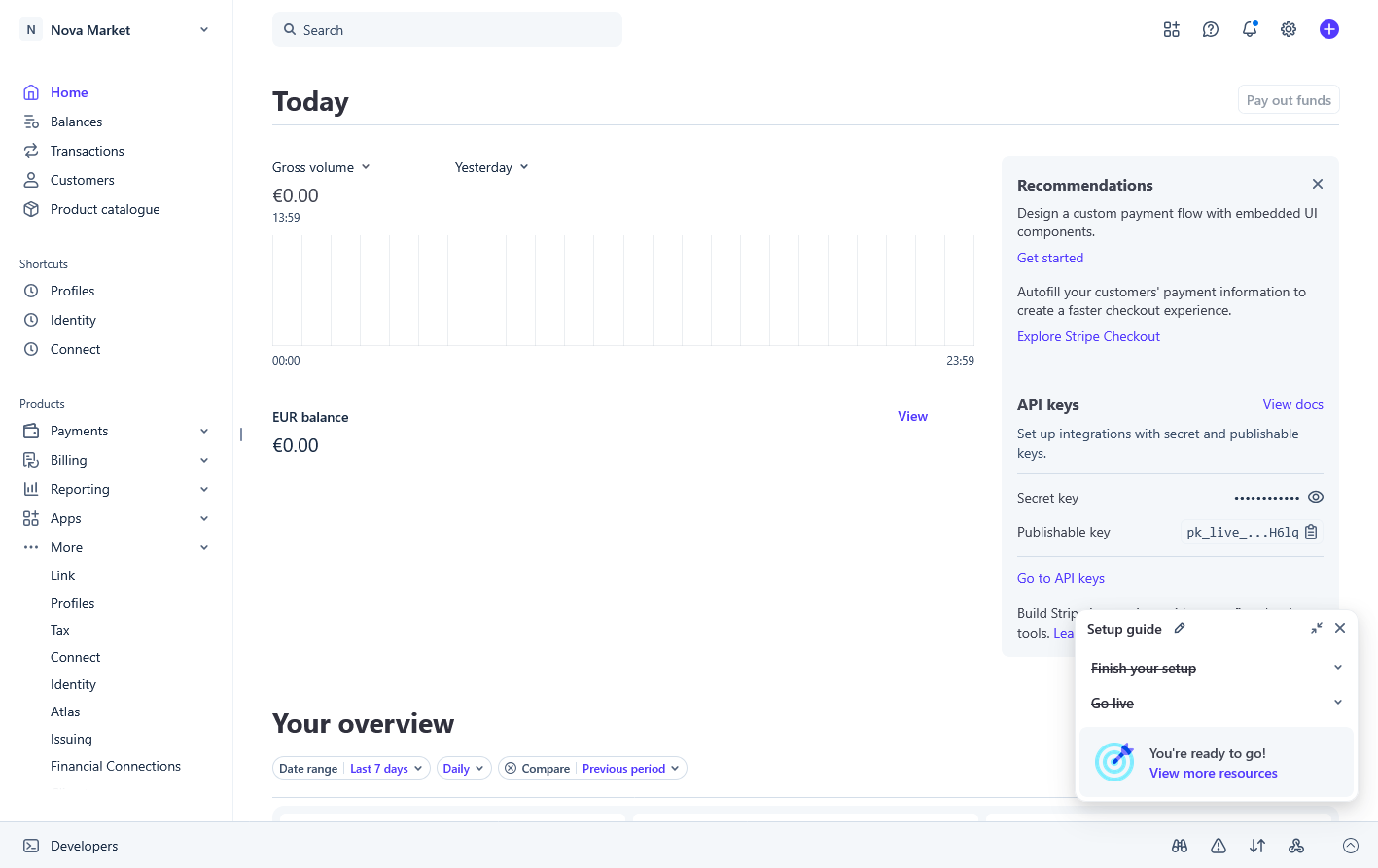 Stripe main dashboard overview after account activation