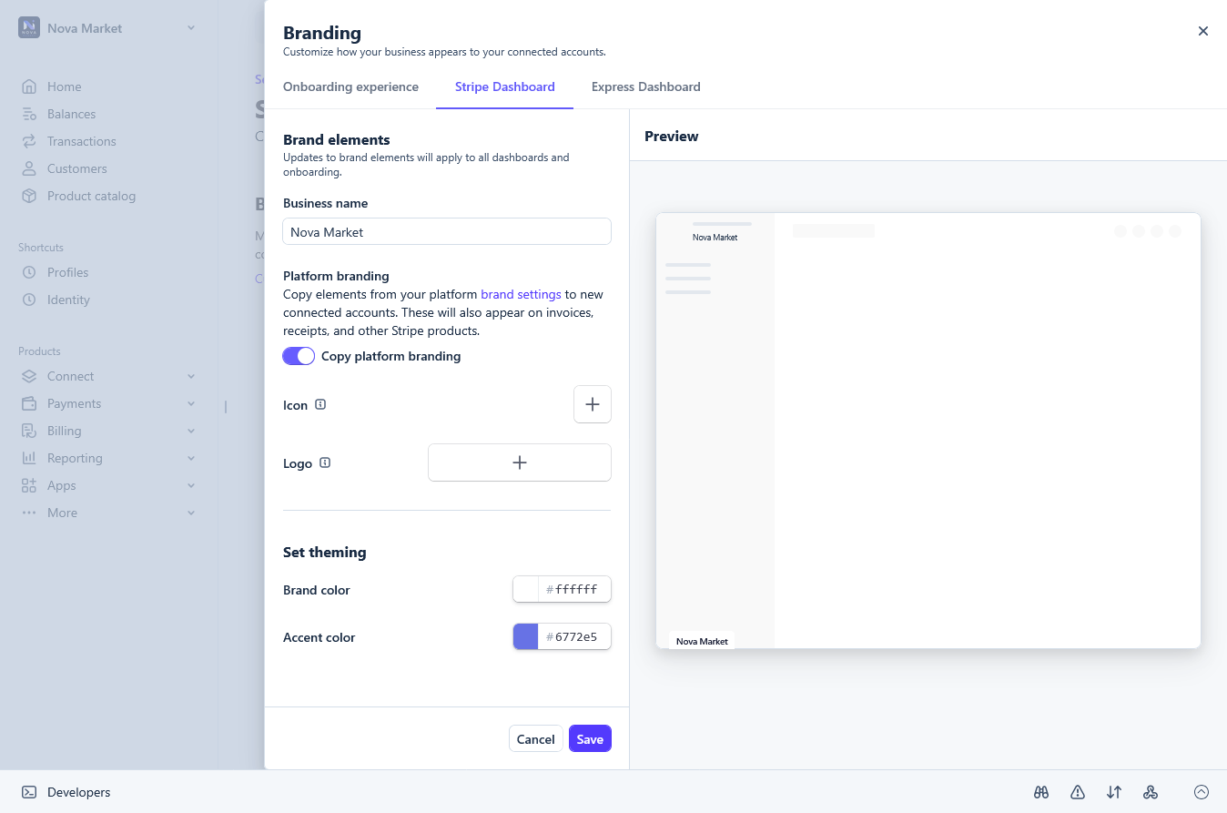 Stripe Connect branding section showing the option to copy platform branding
