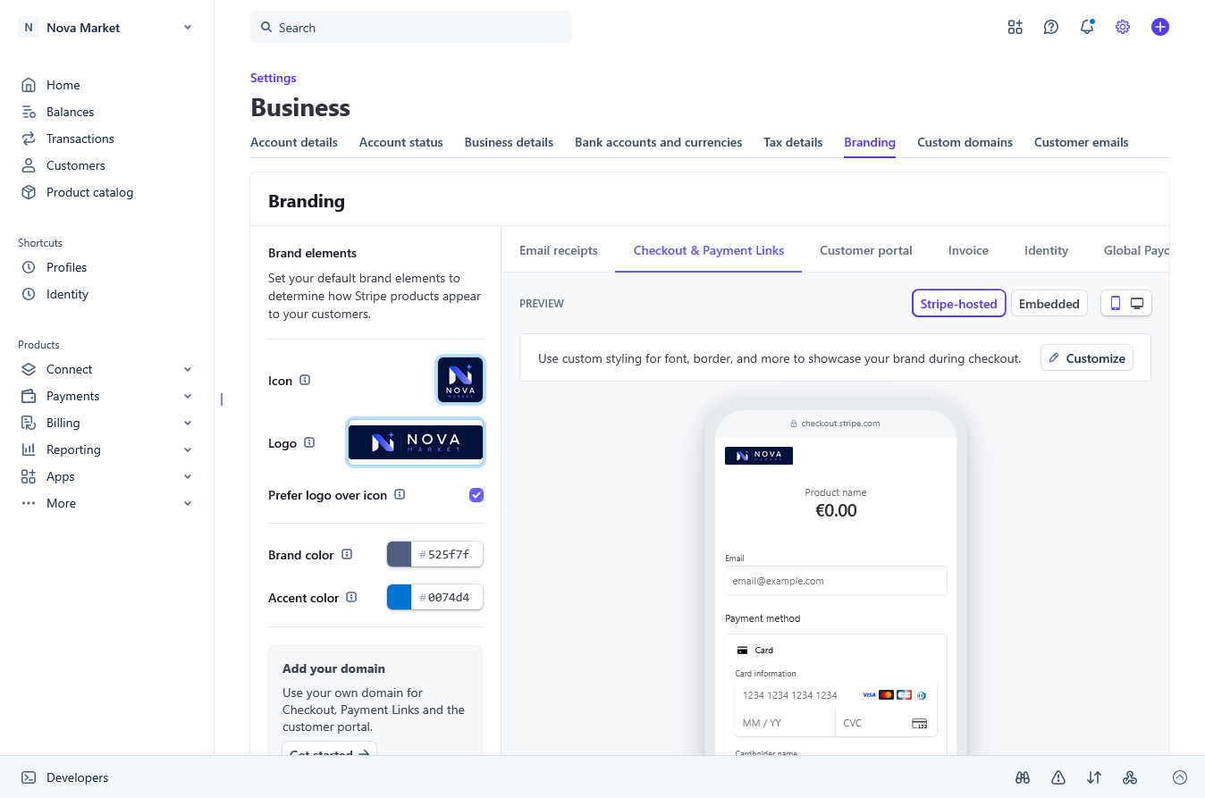 Stripe Branding settings page showing the fields for business name, logo, icon, and brand colors