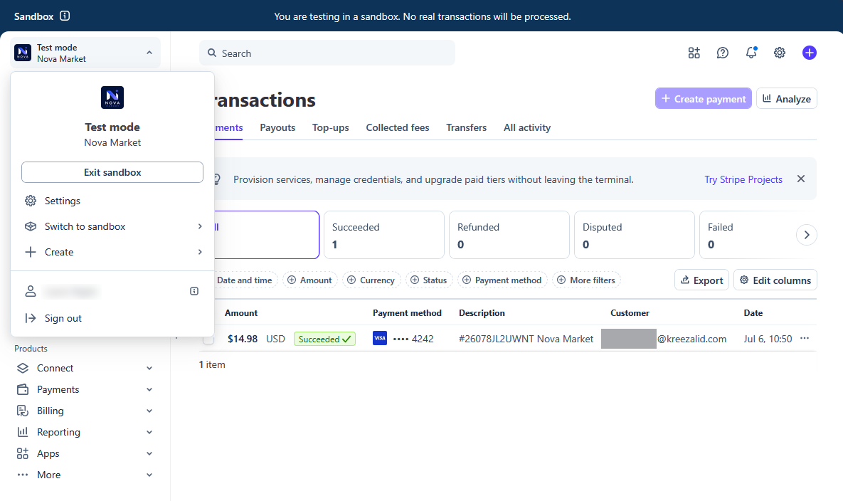 Example of the Stripe dashboard top-right menu showing the “Exit sandbox” option to switch back to live mode