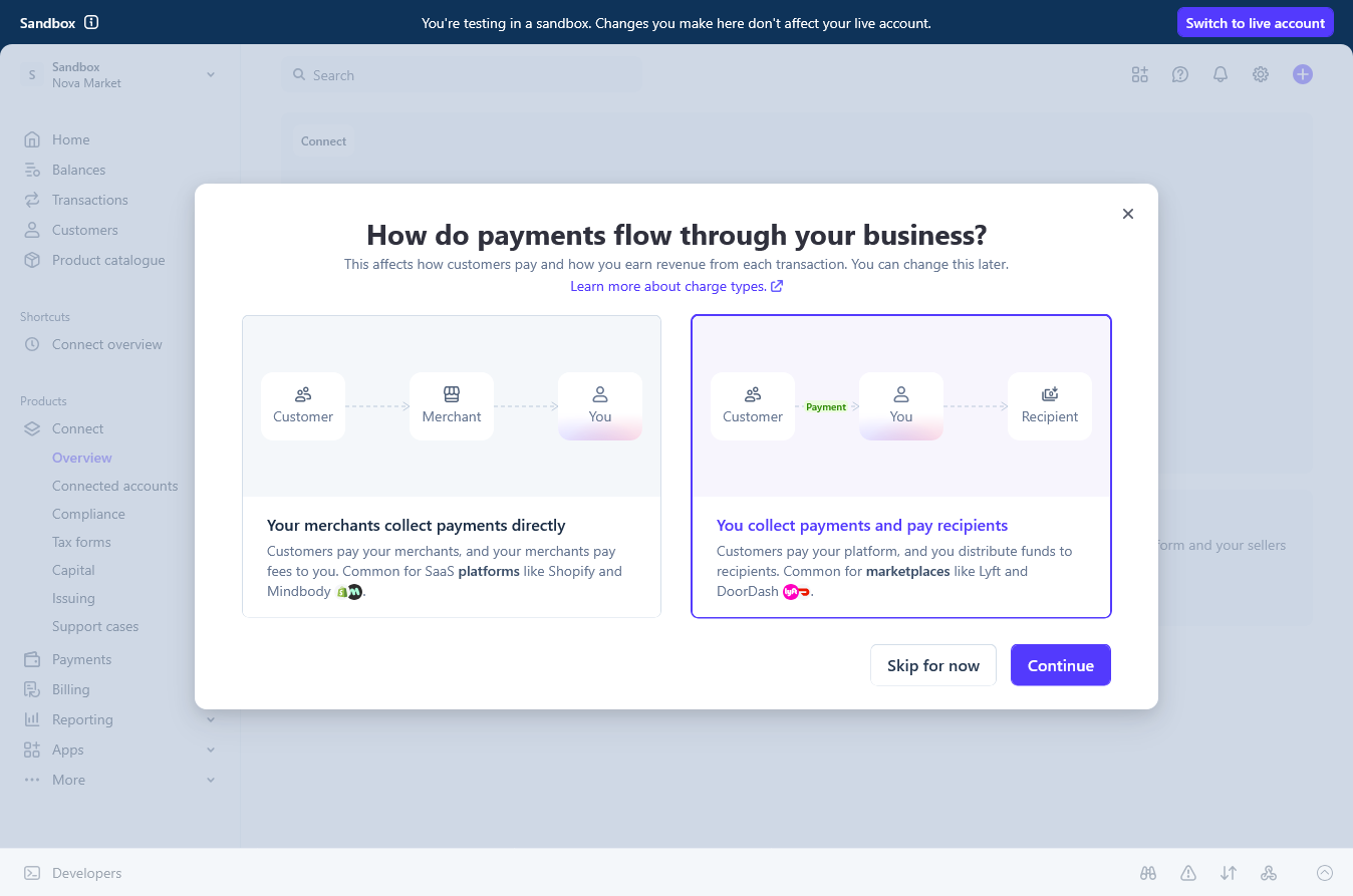 Stripe Payments Flow selection screen