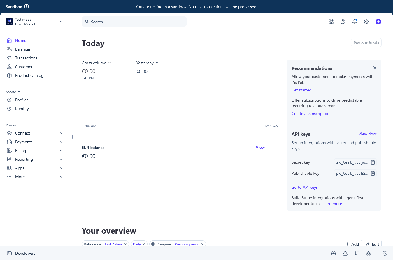 API keys page in sandbox mode — showing the publishable key row and the “Reveal test key” button for the secret key, with the live/test mode toggle visible in the top right