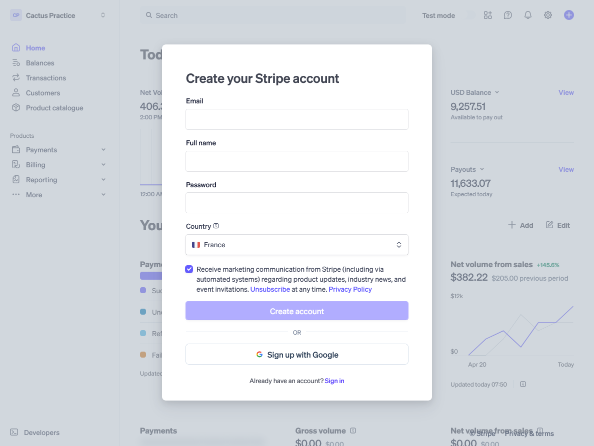 Stripe signup page