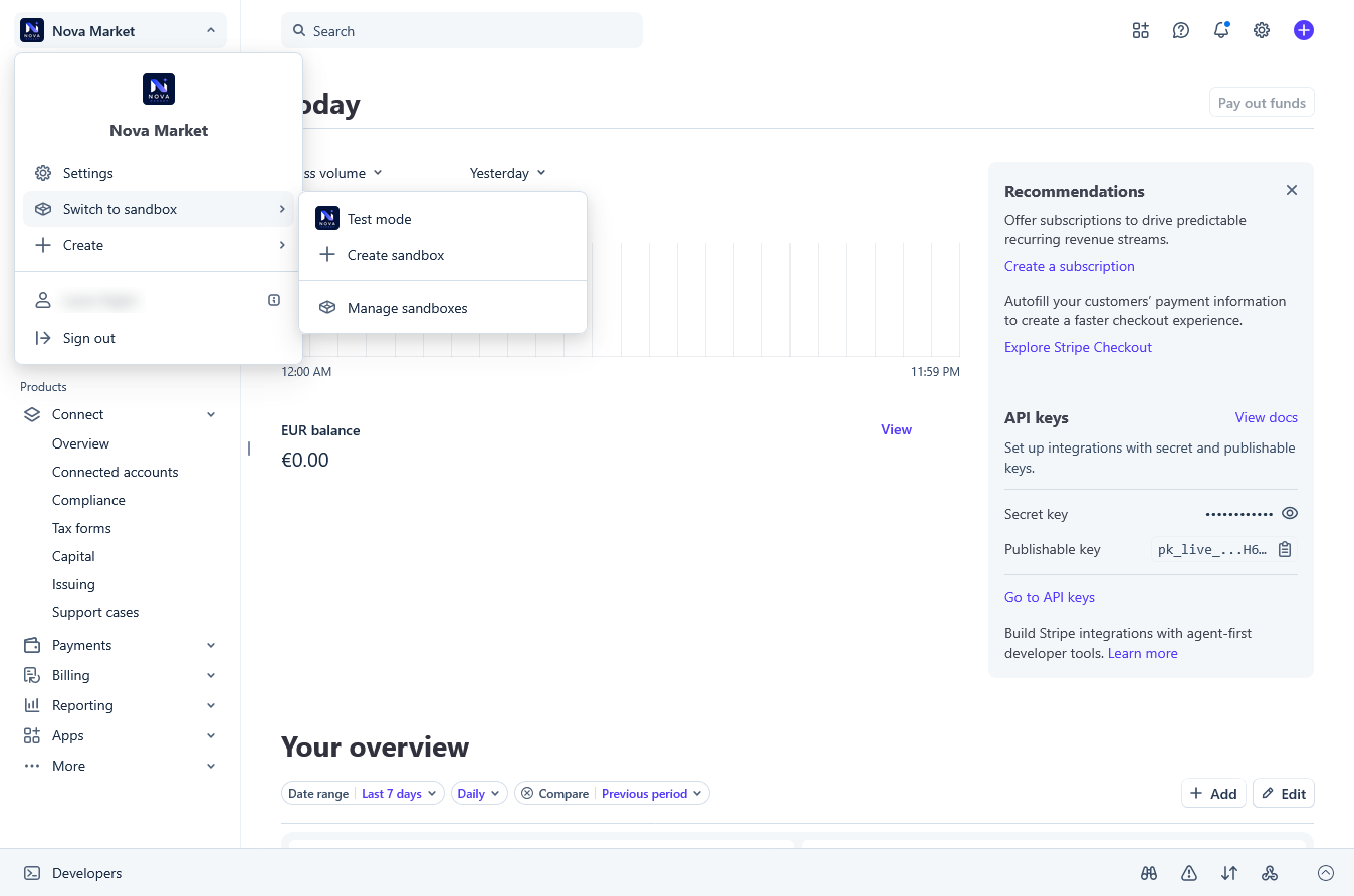 Stripe dashboard top-right menu showing the “Switch to sandbox” option