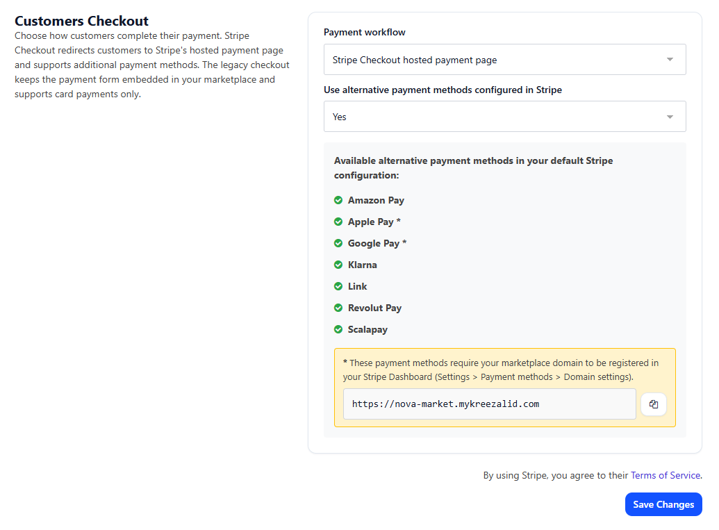 The alternative payment methods toggle set to “Yes” with the method list loaded below it, showing a few example methods with checkmarks
