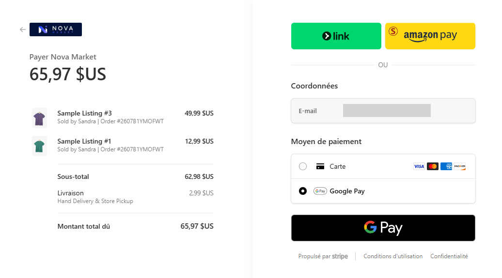 Example Stripe Checkout page showing the payment form with a card field and alternative method buttons visible