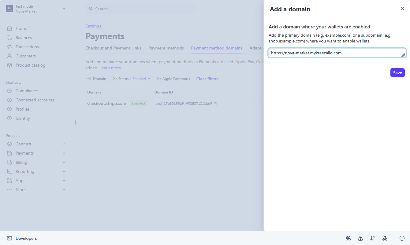 Stripe Dashboard — Payment method domains page showing the domain form