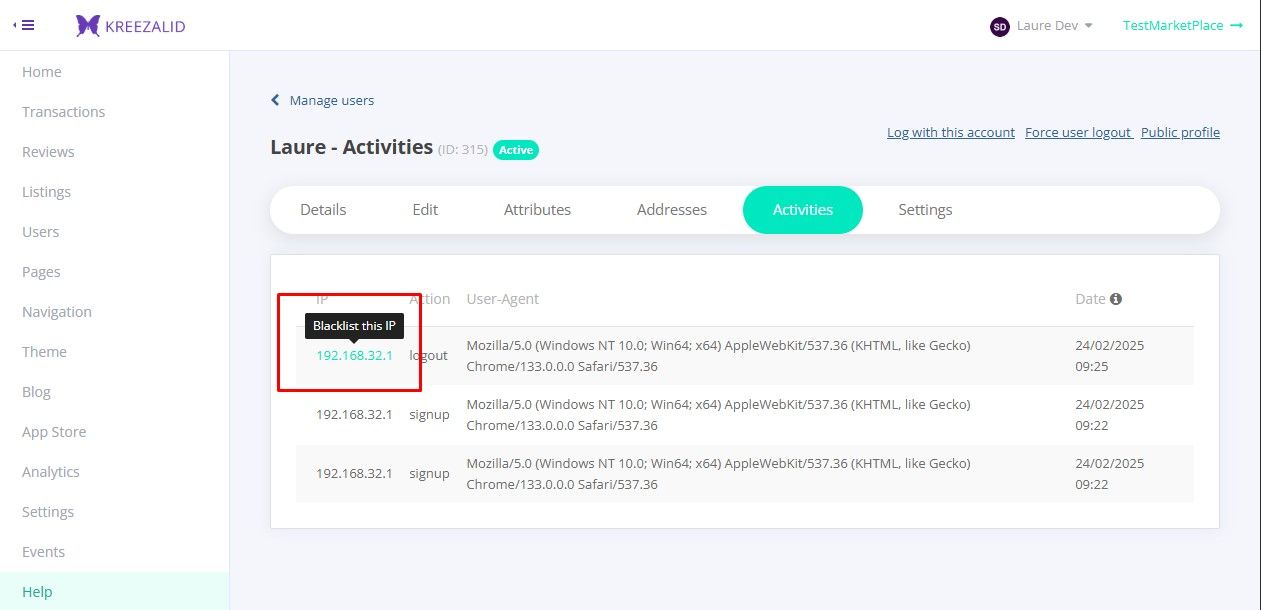 Activities tab, IP addresses, and tooltip action