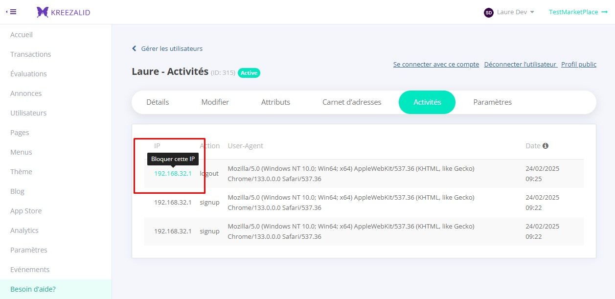 Onglet Activités, adresses IP et action de mise en liste noire