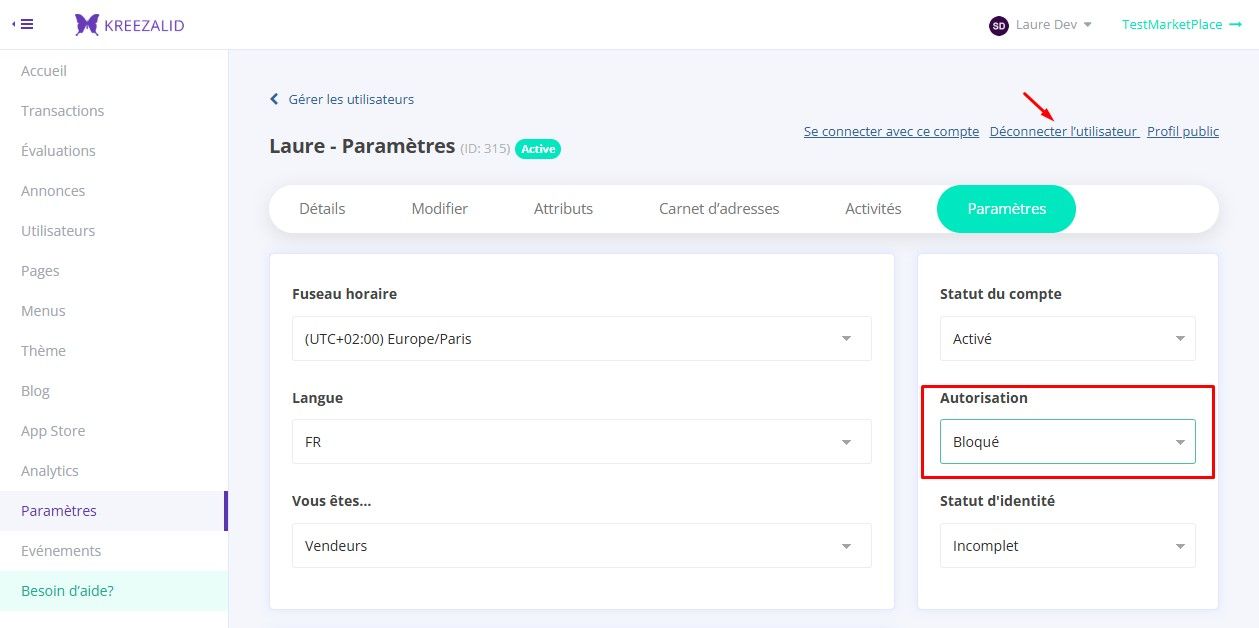 Autorisation du compte et Déconnecter l’utilisateur