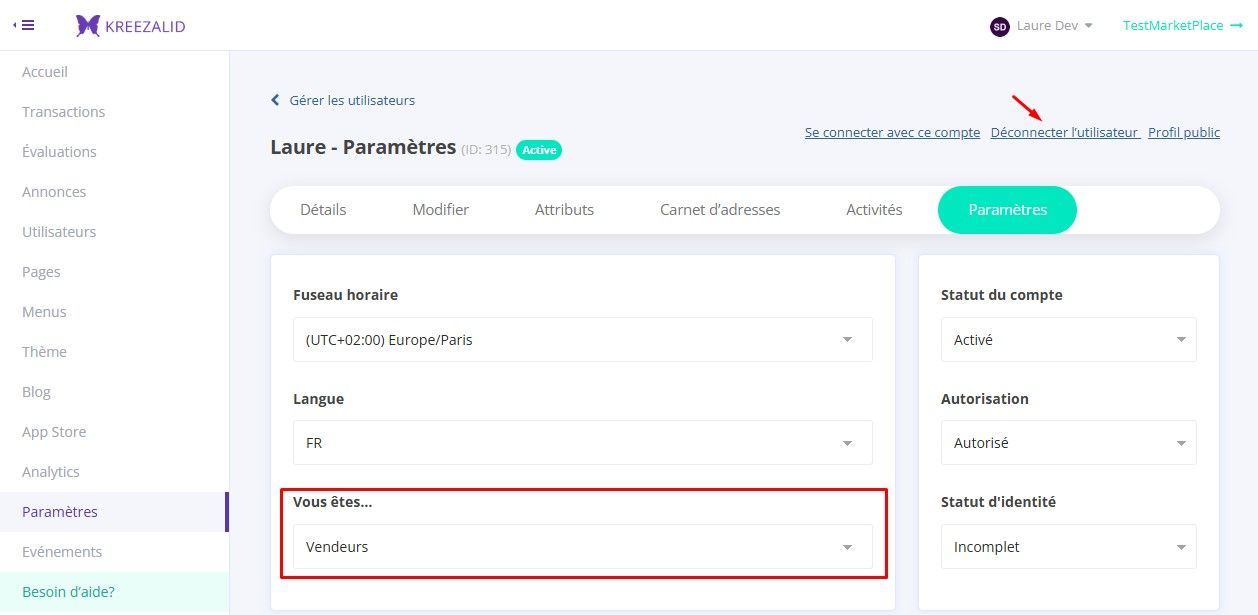 Menu déroulant du groupe utilisateur et lien de déconnexion forcée