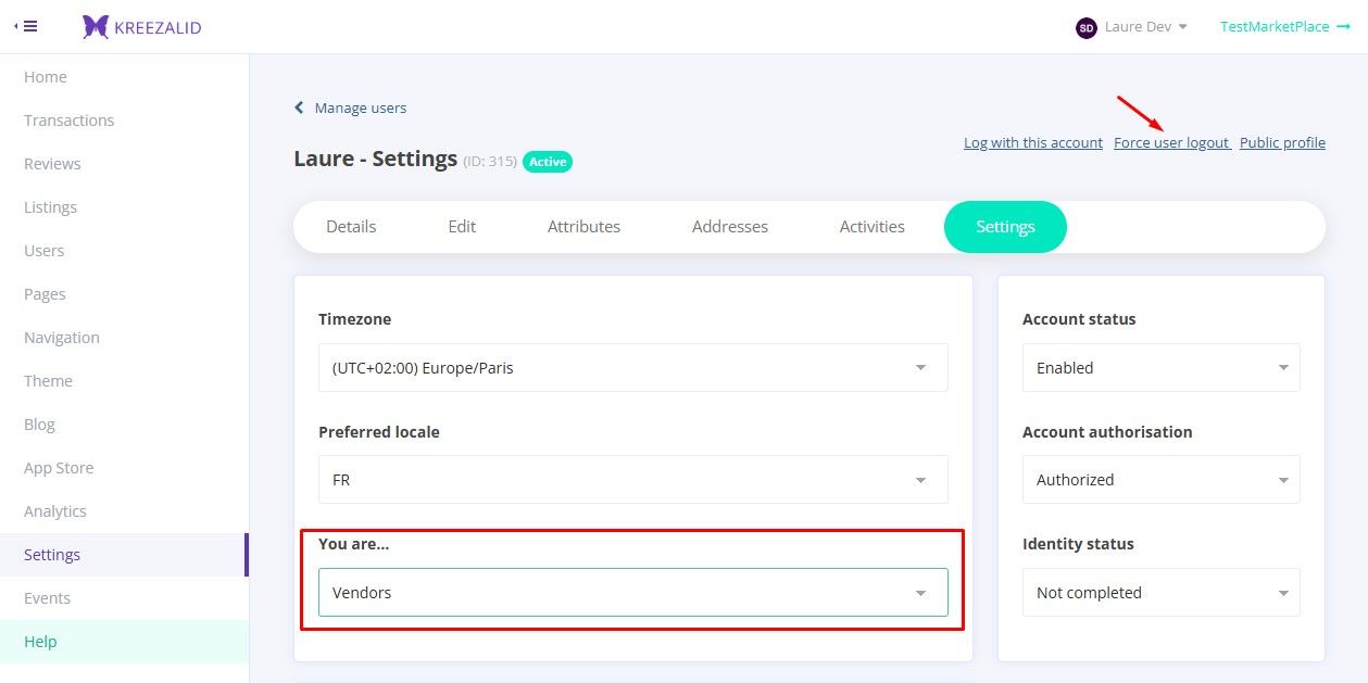 User Group dropdown and Force Logout link