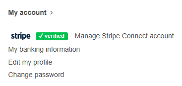 The seller dashboard section showing the Stripe account status badge — example showing “Verified” in green with the “Manage your Stripe account” link alongside it