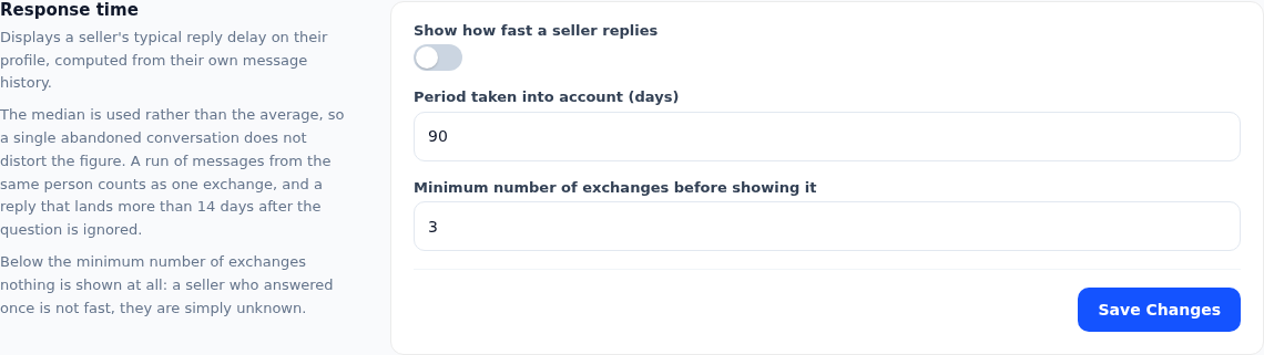The Response time card: toggle, window in days, minimum sample size