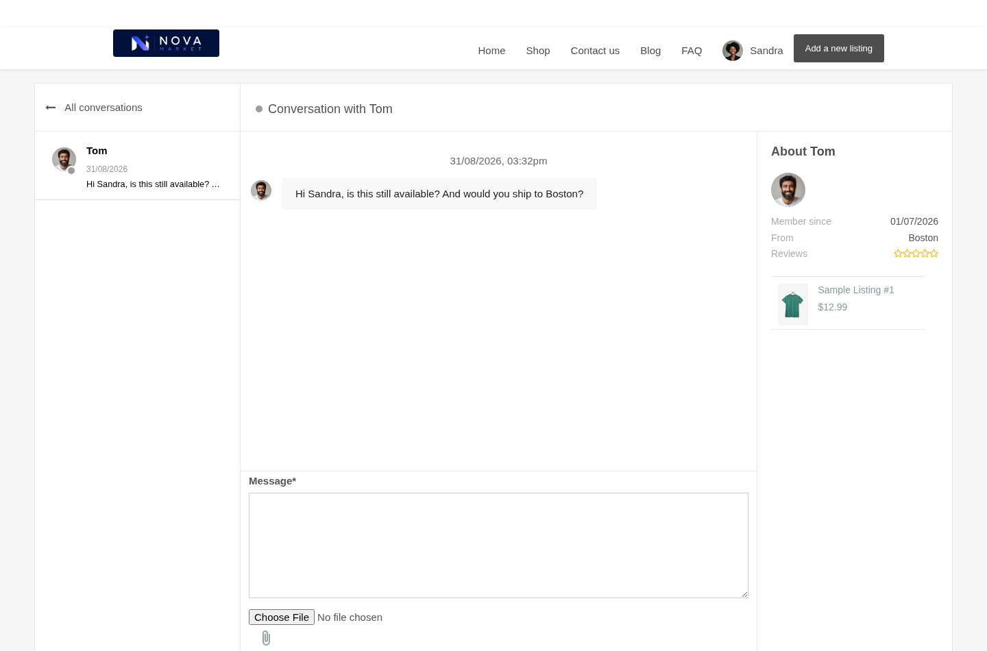 A member’s inbox on the storefront, with the conversation list, the open thread and the reply box