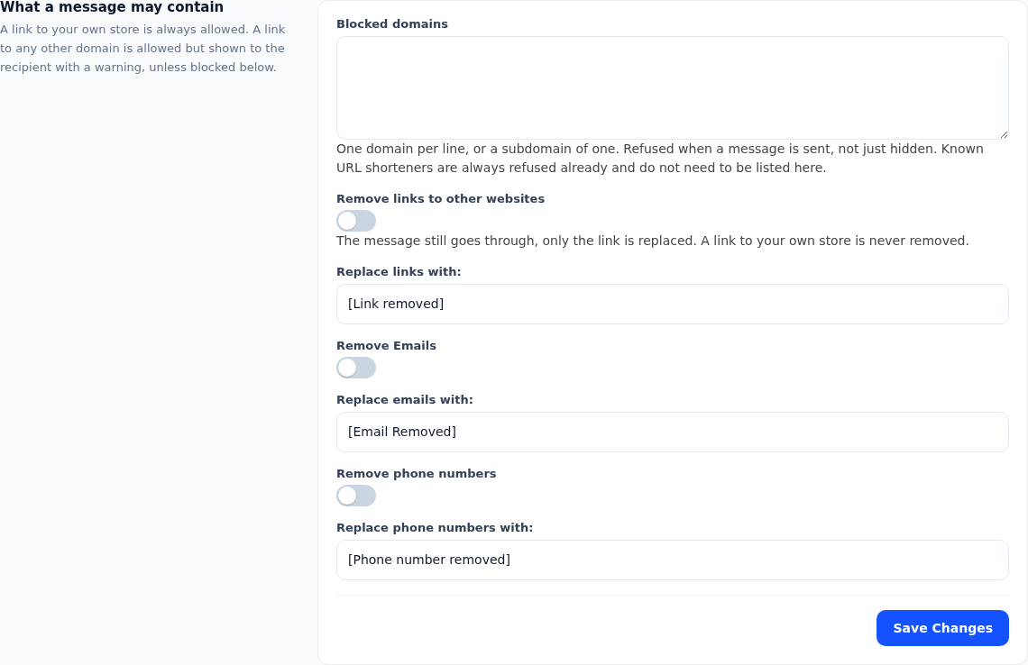 The card controlling links, emails and phone numbers in messages