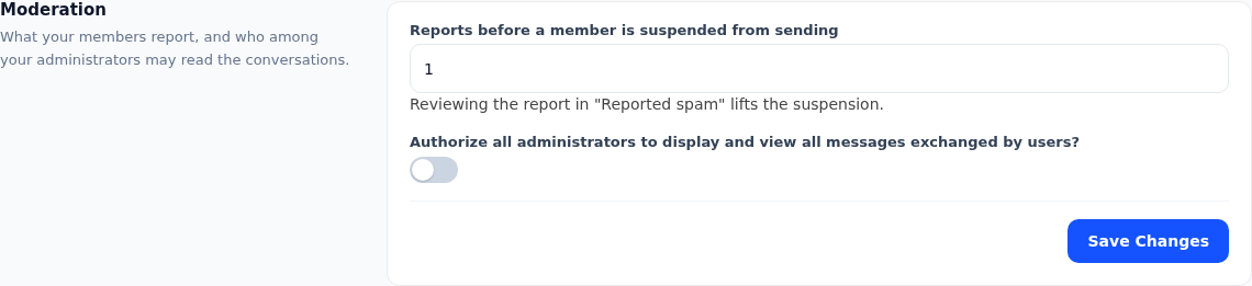 The Moderation card: report threshold and admin access to transcripts