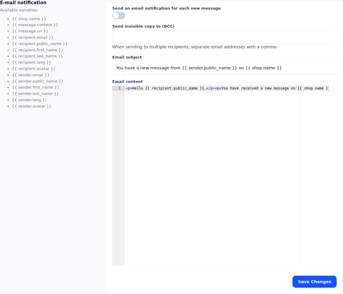 The E-mail notification card, with subject and Liquid template editor
