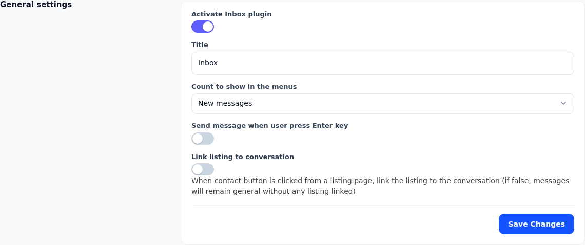 The General settings card in the Inbox admin screen