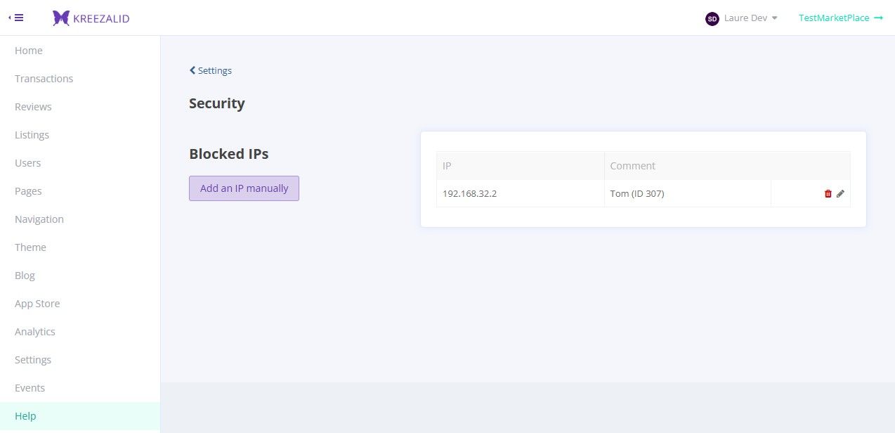 Settings > Security page