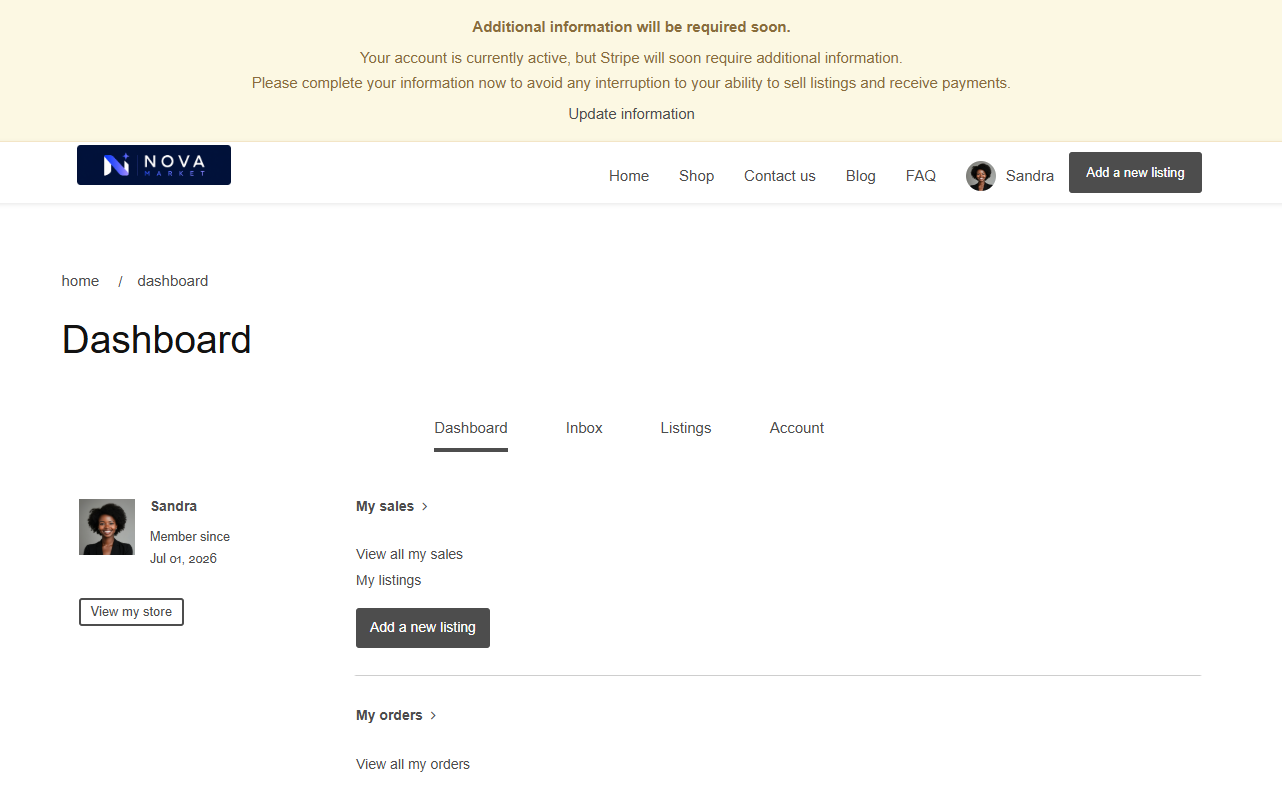 The seller dashboard section showing a warning banner at the top of the page — example showing the “Update required” banner in yellow with a link to continue onboarding